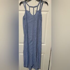 Antibes Blanc Blue 100% Linen Cage Strap Back Hi-low Sleeveless Midi Dress S